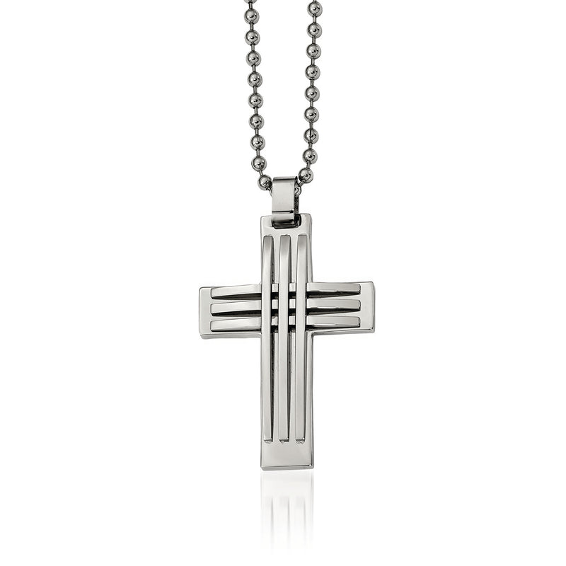 Polished stainless steel cross pendant necklace with linked chain, long vertical cross.