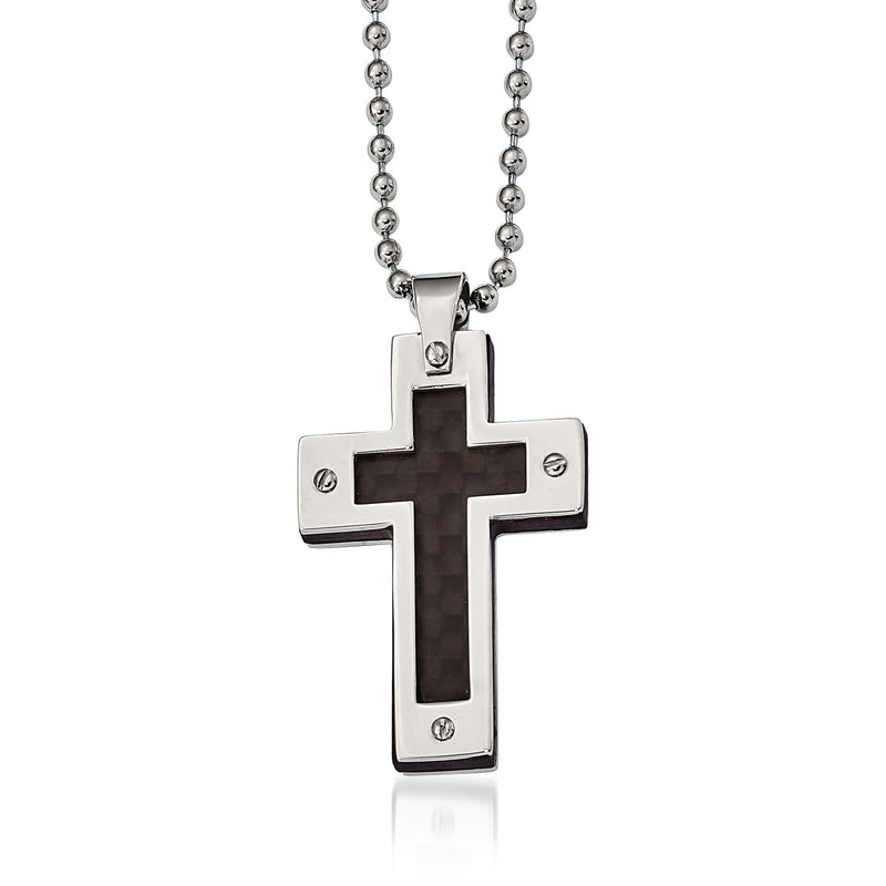 Men's cross pendant necklace with stainless steel frame and dark carbon-fiber inlay, 22 in.