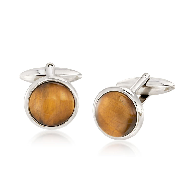Stainless steel round cuff links with amber tiger's eye center and bar backs
