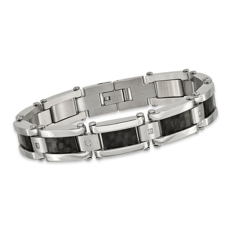 Stainless steel bracelet with black carbon fiber inlay and CZ accent squares