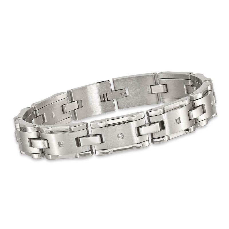 Men's stainless steel brushed link bracelet with square CZ accents, 8.5 in