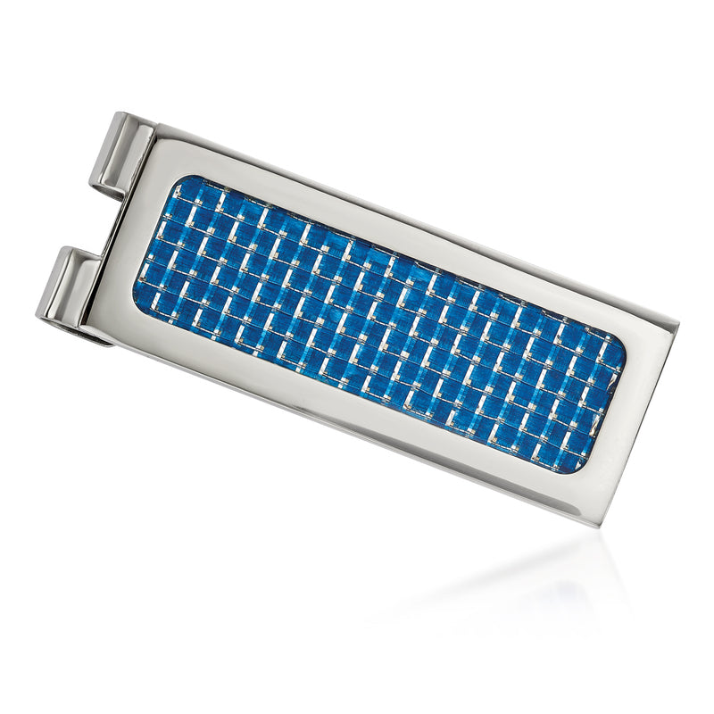 Stainless steel money clip with blue carbon fiber inlay, rectangular frame
