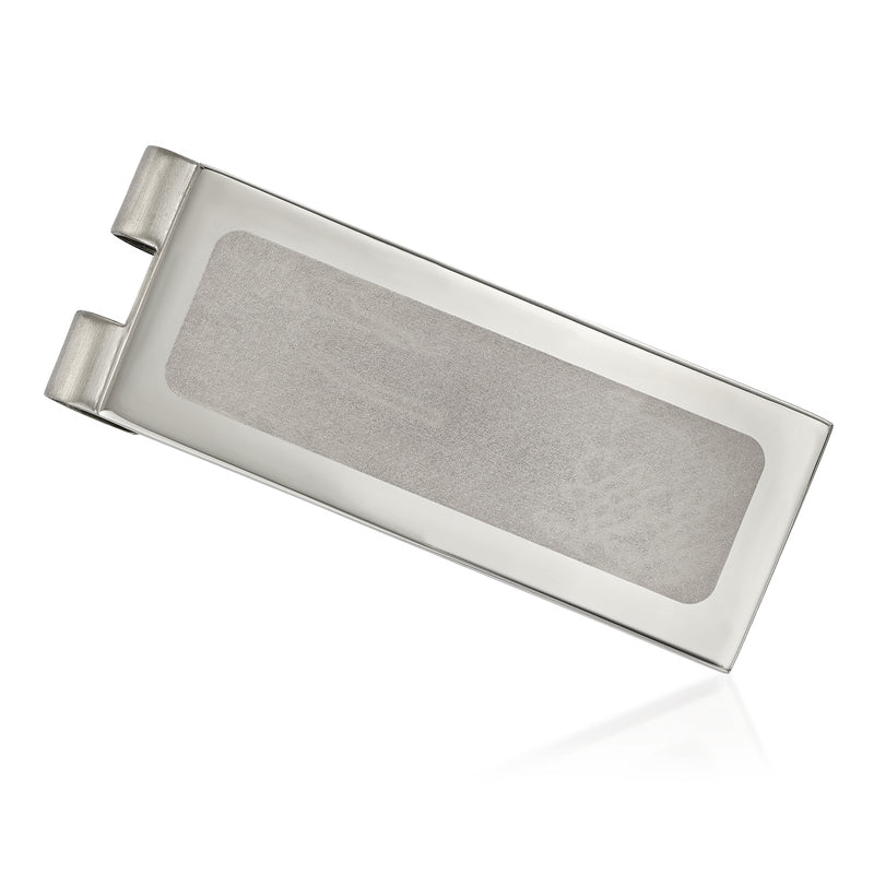 Polished stainless steel money clip with centered cutout window