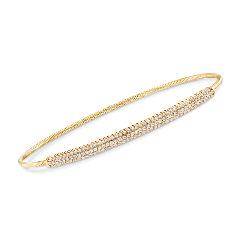 14kt yellow gold pave diamond bangle bracelet, slim oval with shimmering stone row