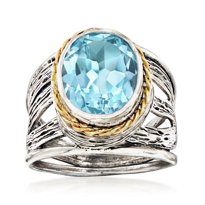 Sky blue topaz openwork ring in sterling silver with 14kt yellow gold accents