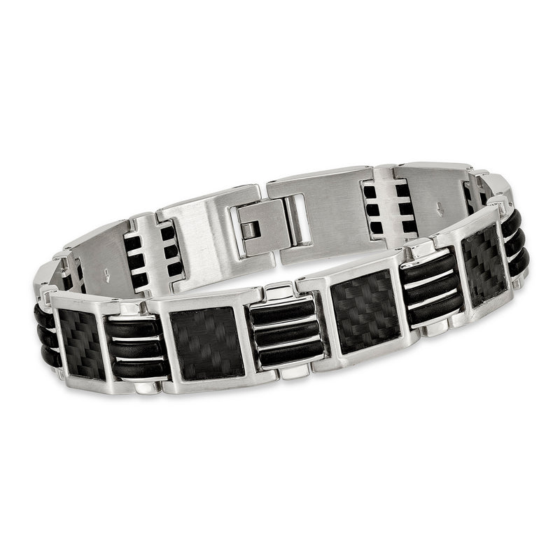 Men's stainless steel bracelet with black carbon fiber panels and rubber inlay links