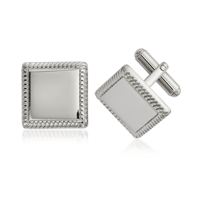 Polished stainless steel square cuff links with textured border and hinged bars