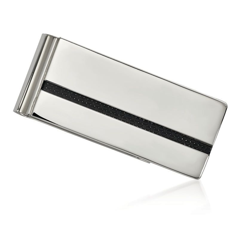 Men's money clip with stainless steel frame and black carbon fiber center stripe