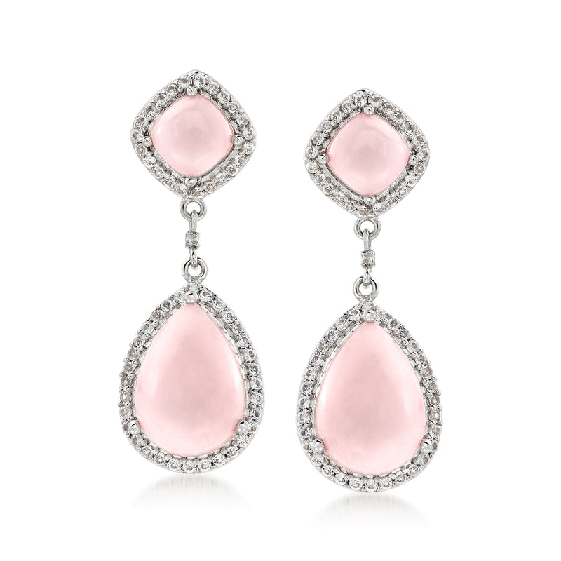Pink opal and white topaz drop earrings in sterling silver with halo settings