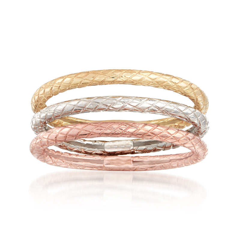 14kt tri-colored textured gold jewelry set of three braided bangles