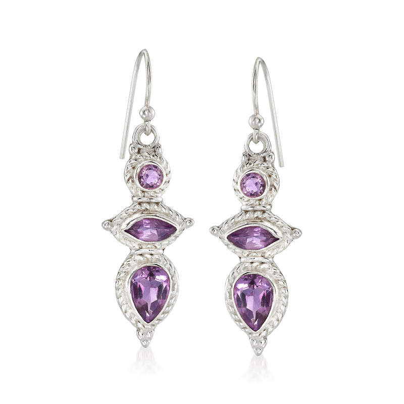 Sterling silver amethyst drop earrings with earwire, oval and pear-shaped stones