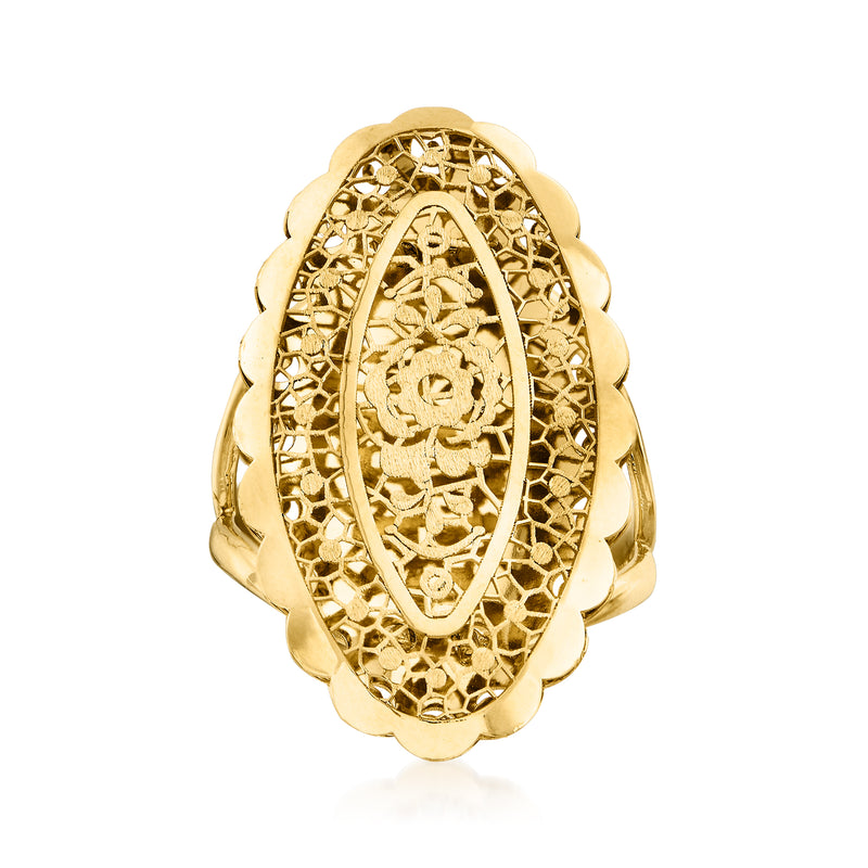 18kt yellow gold floral openwork oval ring with ornate lattice and raised details
