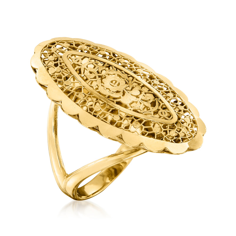 18kt yellow gold openwork oval ring with filigree pattern on a raised setting