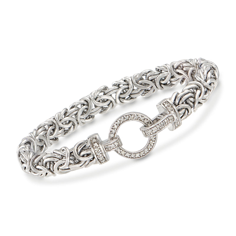 Sterling silver Byzantine bracelet with diamond-accented circular clasp