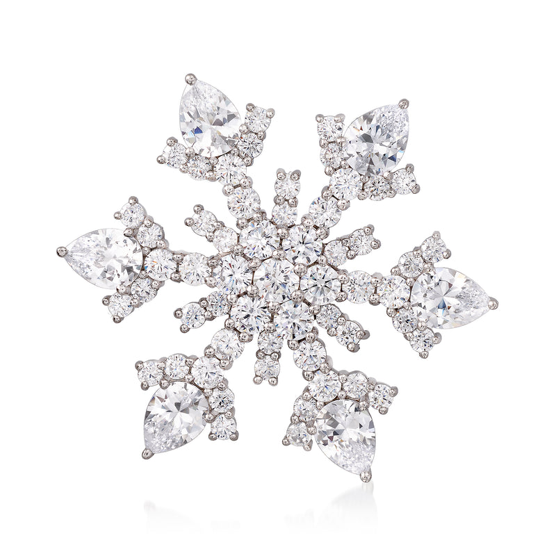 Sterling silver CZ snowflake pin with clear teardrop stones and small sparkle accents