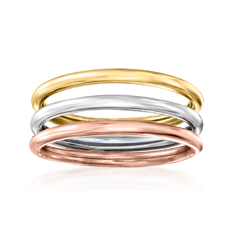 14kt tri-colored gold three polished rings with yellow, white, and rose bands