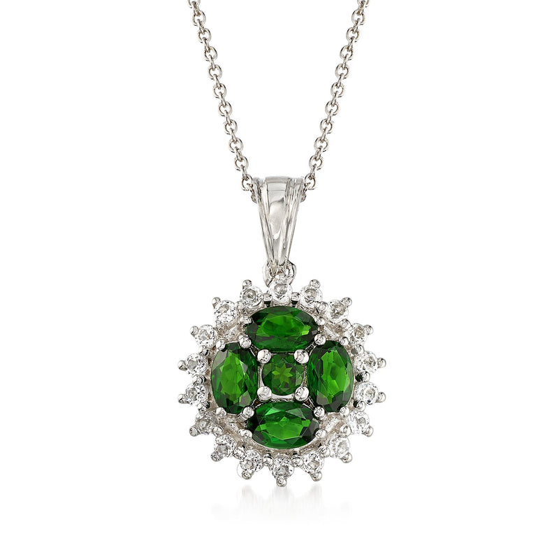 Sterling silver pendant necklace with green chrome diopside centerpiece and clear halo stones