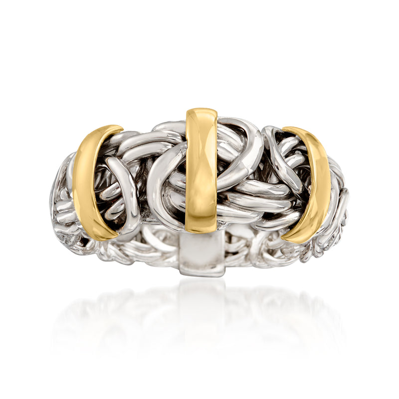 Two-tone Byzantine ring in sterling silver with 14kt yellow gold center bar and side accents