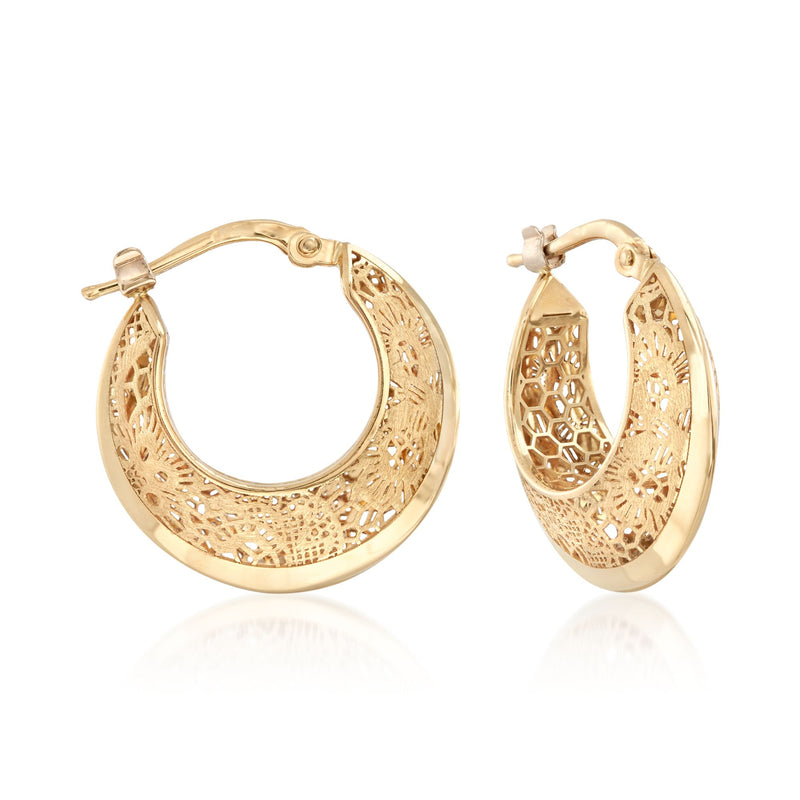18kt yellow gold floral openwork hoop earrings with hinge clasp