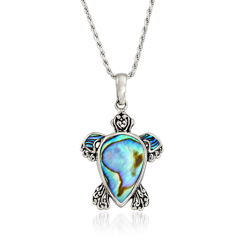 Sterling silver turtle pendant necklace with iridescent abalone shell center