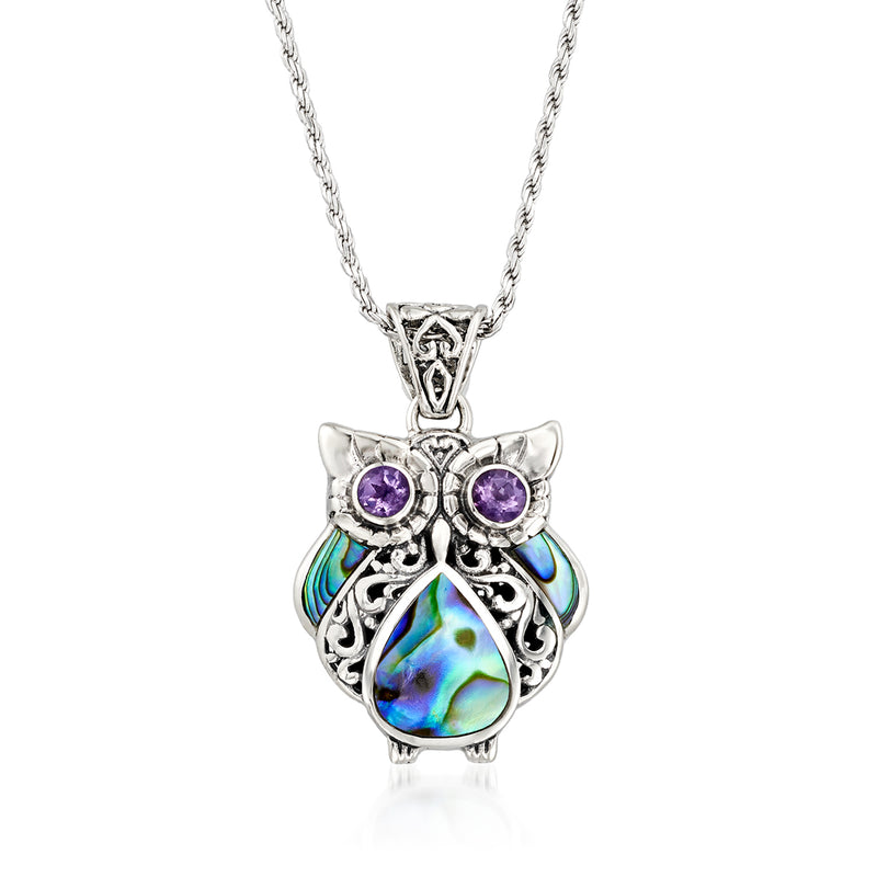 Sterling silver owl pendant necklace with amethyst crystal eyes and abalone shell body