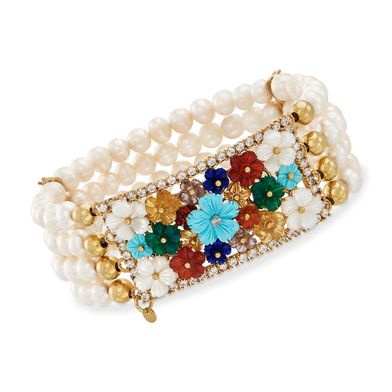 Stretch pearl bracelet with gold-tone floral multi-gem panel and small crystal border
