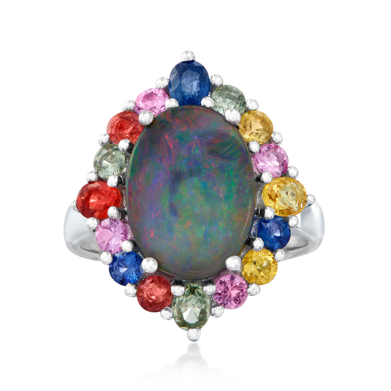 Sterling silver triplet ring with oval blue opal center and multicolored sapphire stones