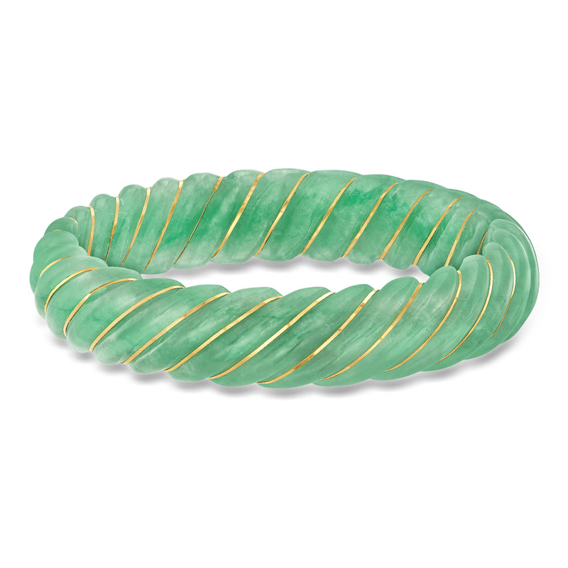 Carved jade bangle bracelet with 14kt yellow gold inlay, green ribbed segments