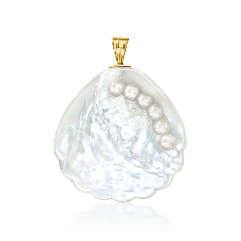 Mother-of-pearl shell pendant with pearl accents, 14kt yellow gold top bail