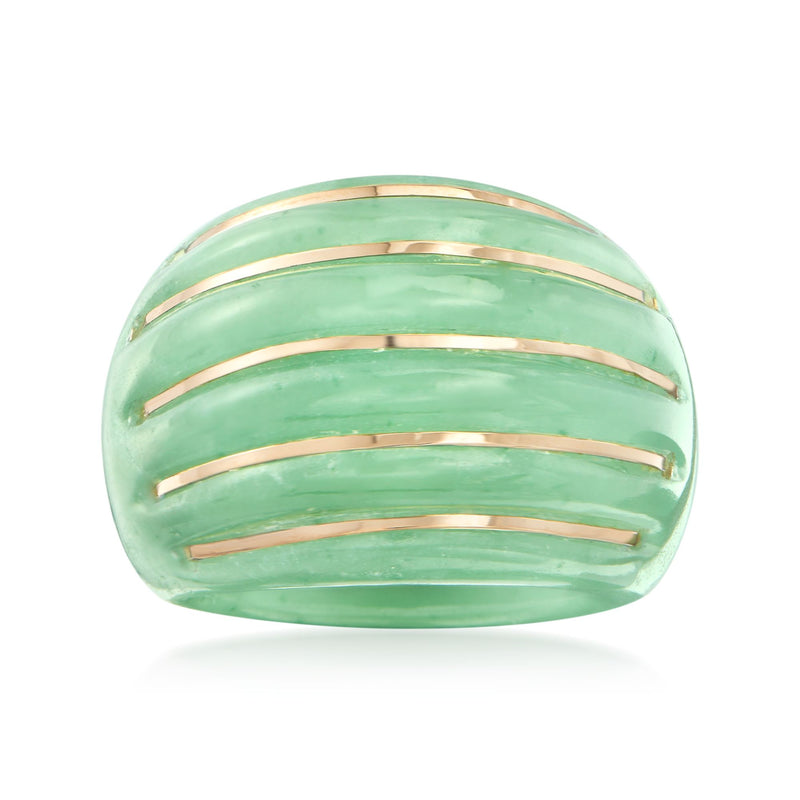 Carved jade dome ring with three 14kt yellow gold inlay bands