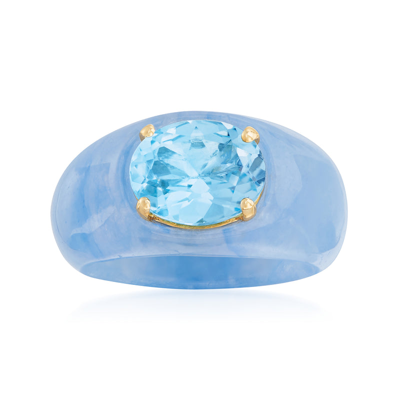 14kt yellow gold ring with oval sky blue topaz center stone