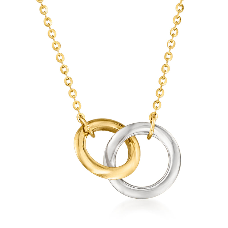Two-tone gold interlocking double circle necklace with round links and gold-tone chain