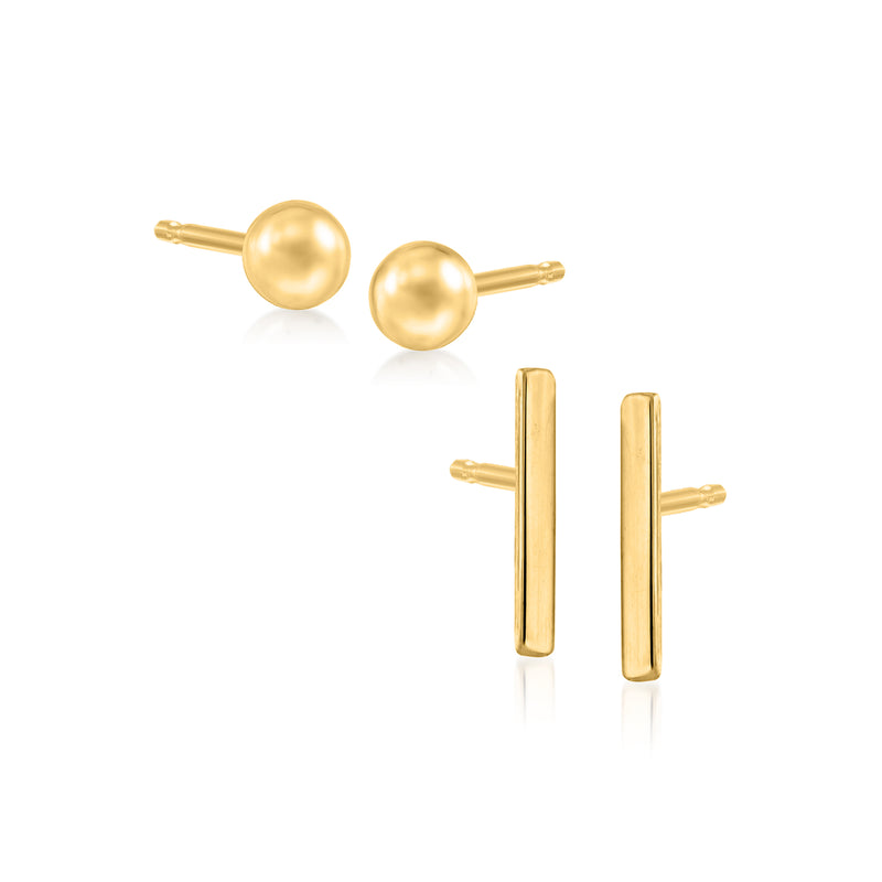 14kt yellow gold stud earring set: two pairs, round ball and bar posts