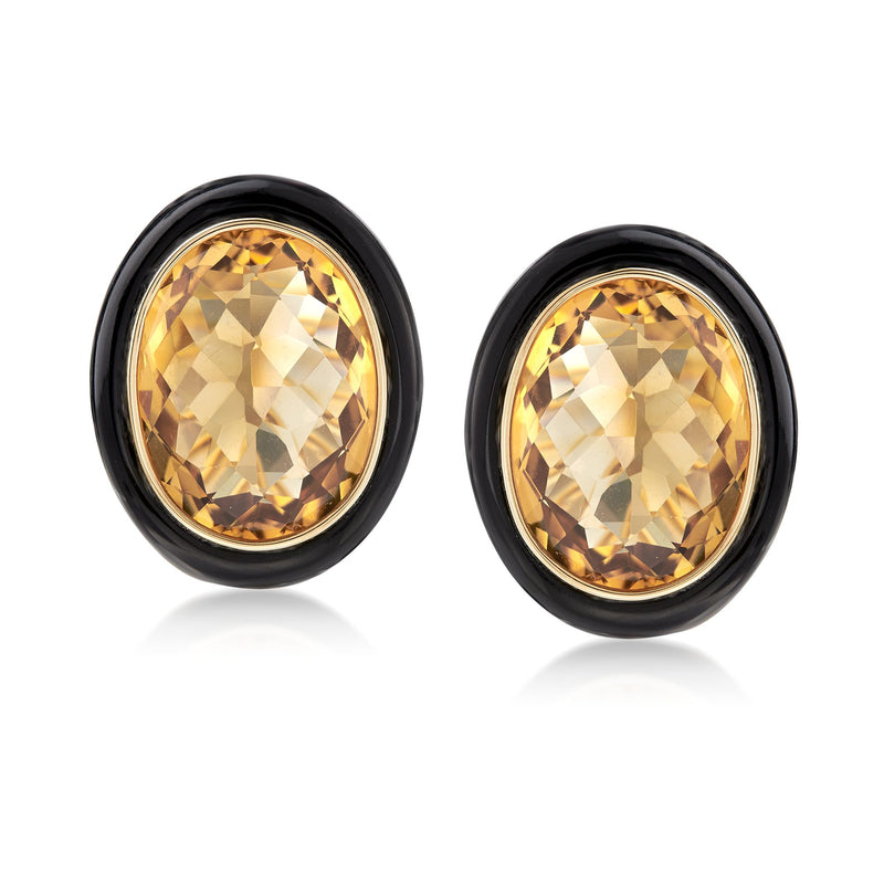 Citrine stud earrings with oval yellow gemstone and black onyx bezel