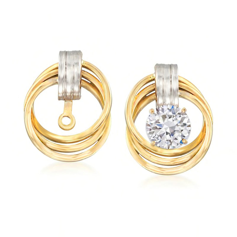 14kt two-tone gold love knot earring jacket set with round clear stone