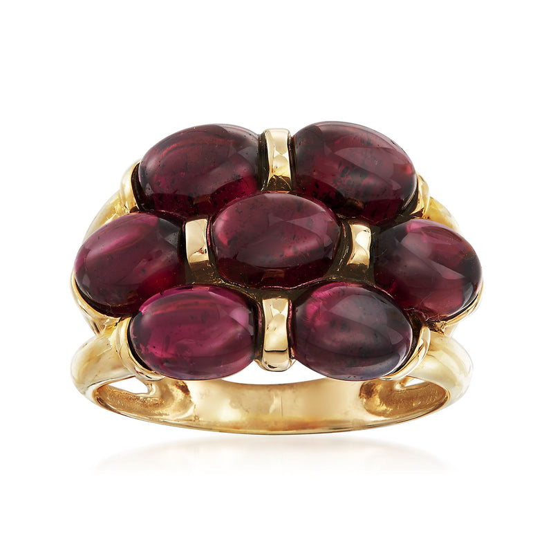 14kt yellow gold ring with five oval garnet stones, deep red cluster setting