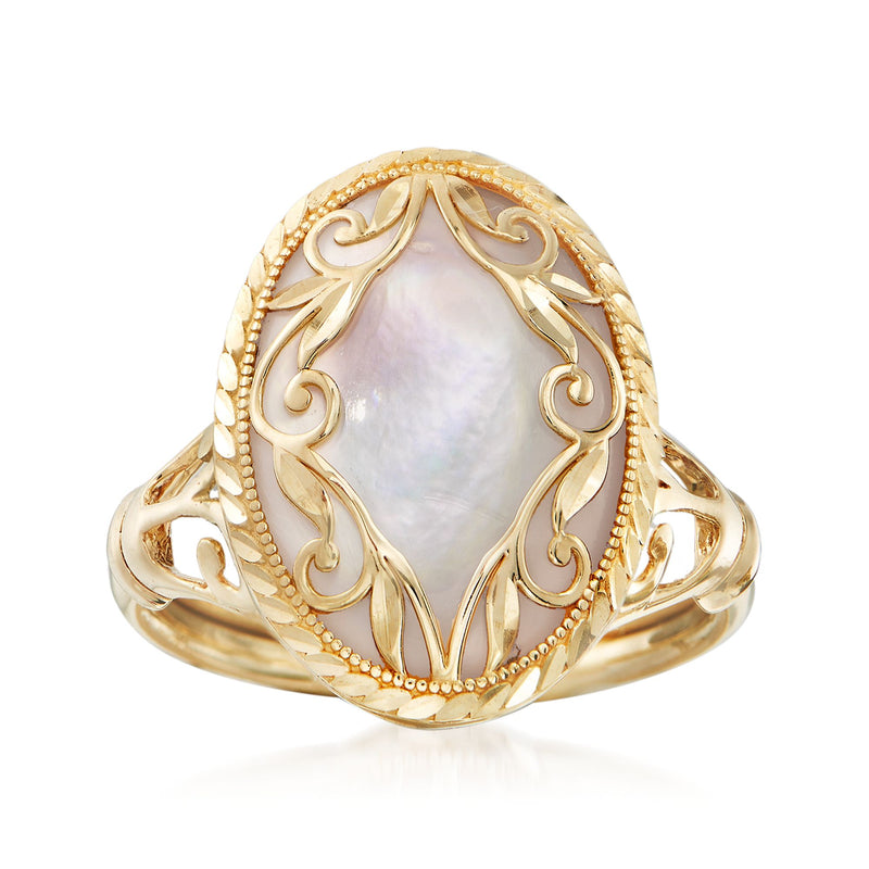 Mother-of-pearl scroll ring in 14kt yellow gold with oval iridescent center
