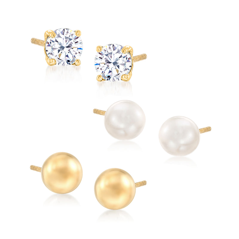 Set of 3 pairs of round stud earrings: clear CZ, white cultured pearl, gold-tone balls