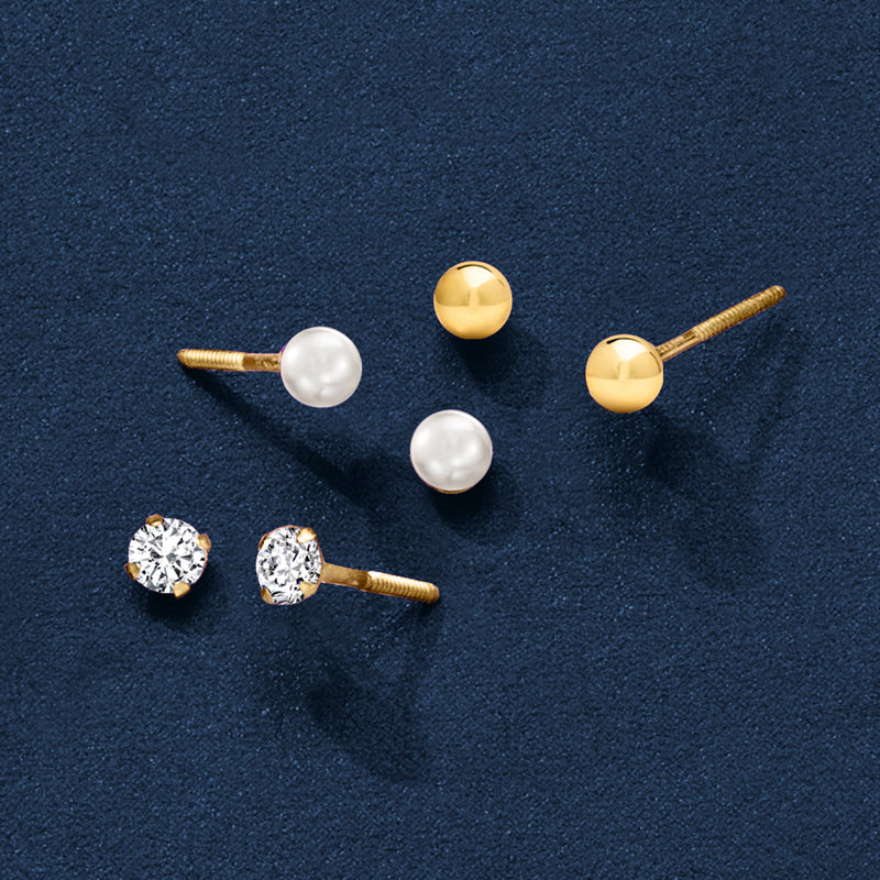 Stud earring set with round CZ stones, cultured pearls, and gold-tone ball studs