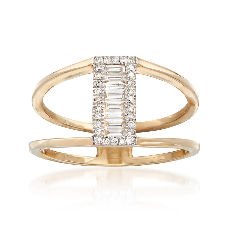 14kt yellow gold open-space diamond ring with baguette and round stones, prong-set