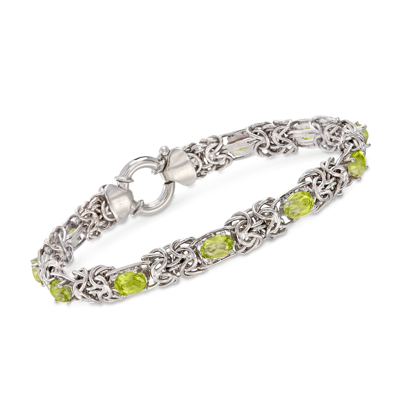 Sterling silver Byzantine bracelet with green peridot oval links and clasp