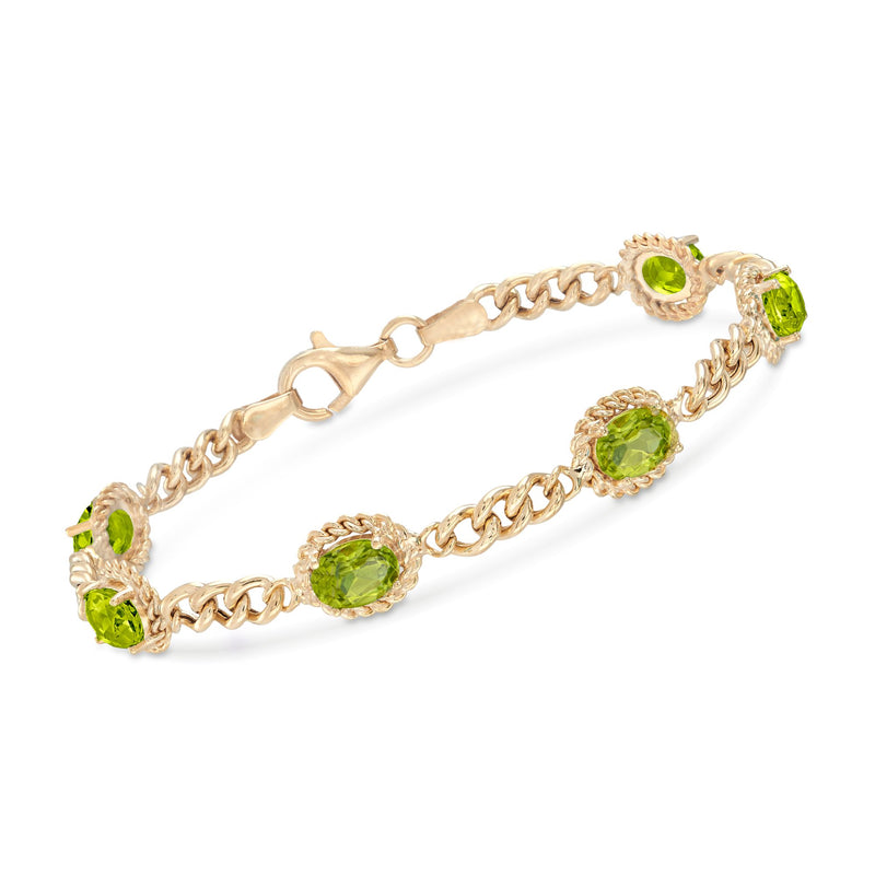 18kt gold over sterling silver peridot link bracelet with green oval gemstones, chain links