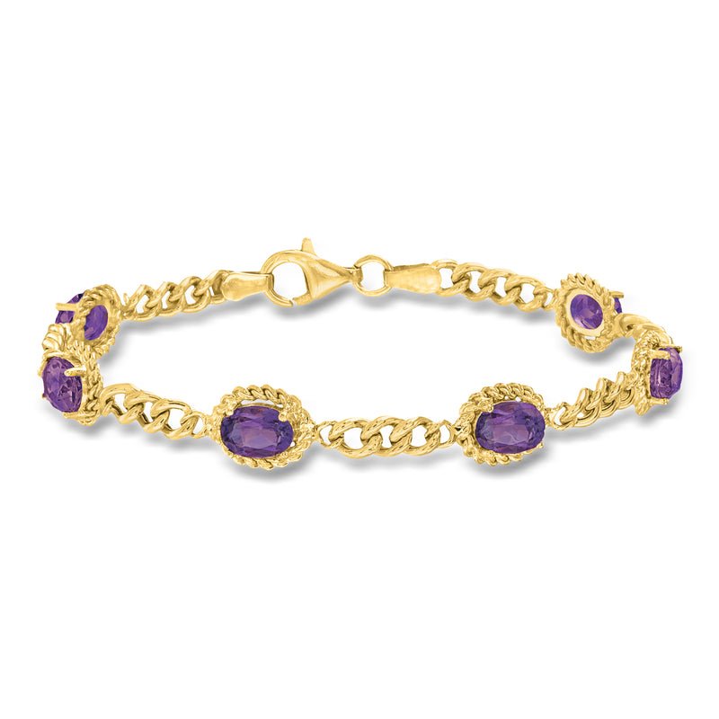 Amethyst link bracelet in gold over sterling silver with oval purple gemstone links