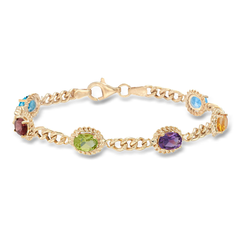 Gold curb-link bracelet with multicolor gemstones in round and oval settings