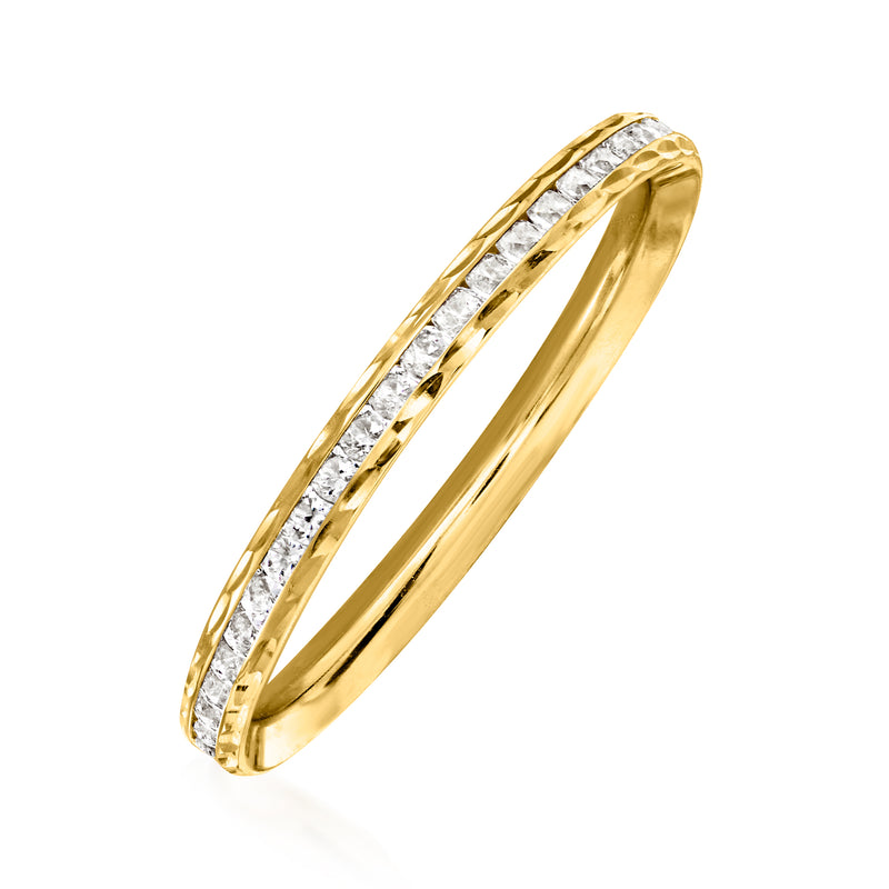 14kt yellow gold eternity band with CZ stones across the face, angled view