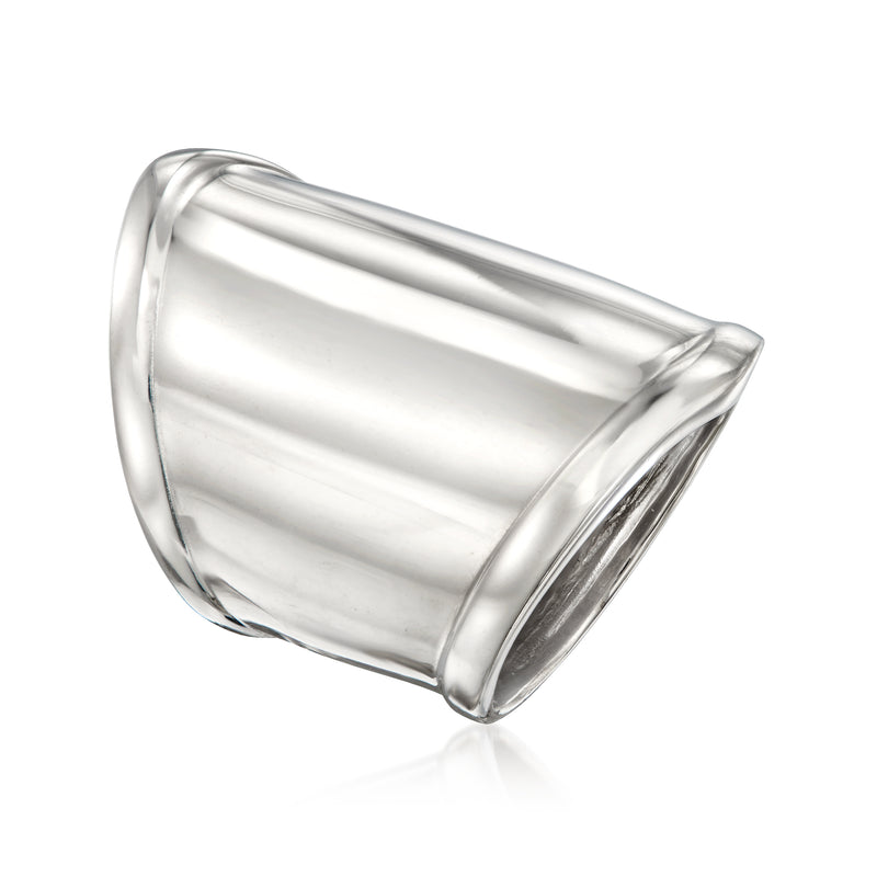 Polished sterling silver wide band ring, curved side view