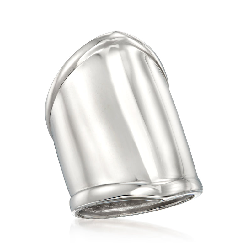 Polished sterling silver wide band ring, angled view of dome top