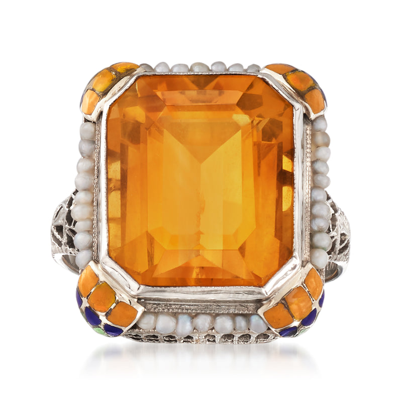 Citrine gemstone ring with seed pearls and multicolored enamel accents in white gold