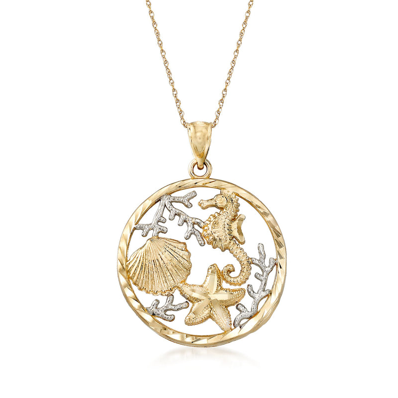 Two-tone gold sealife pendant necklace with round seahorse and scallop charm