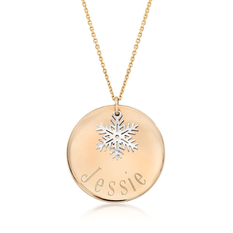 14kt yellow gold disc pendant necklace with engraved Jessie and sterling silver snowflake